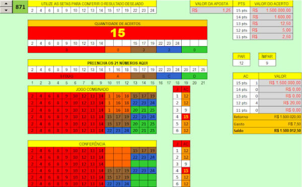 planilhas excel loterias esquema 21 números 9 fixos e trincas loto fácil