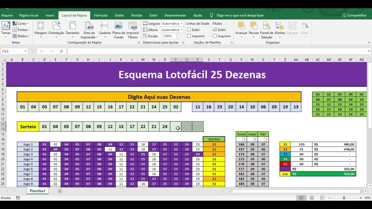 Página dedicada a resultados e estudo da loto fácil, downloads de esquemas  em excel…