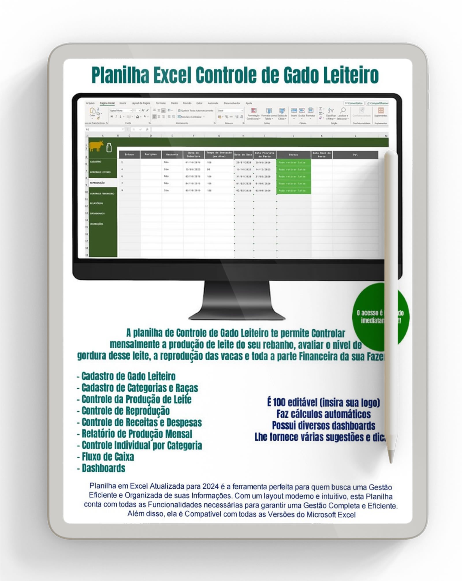 Controle de Gado Leiteiro Excel Planilha